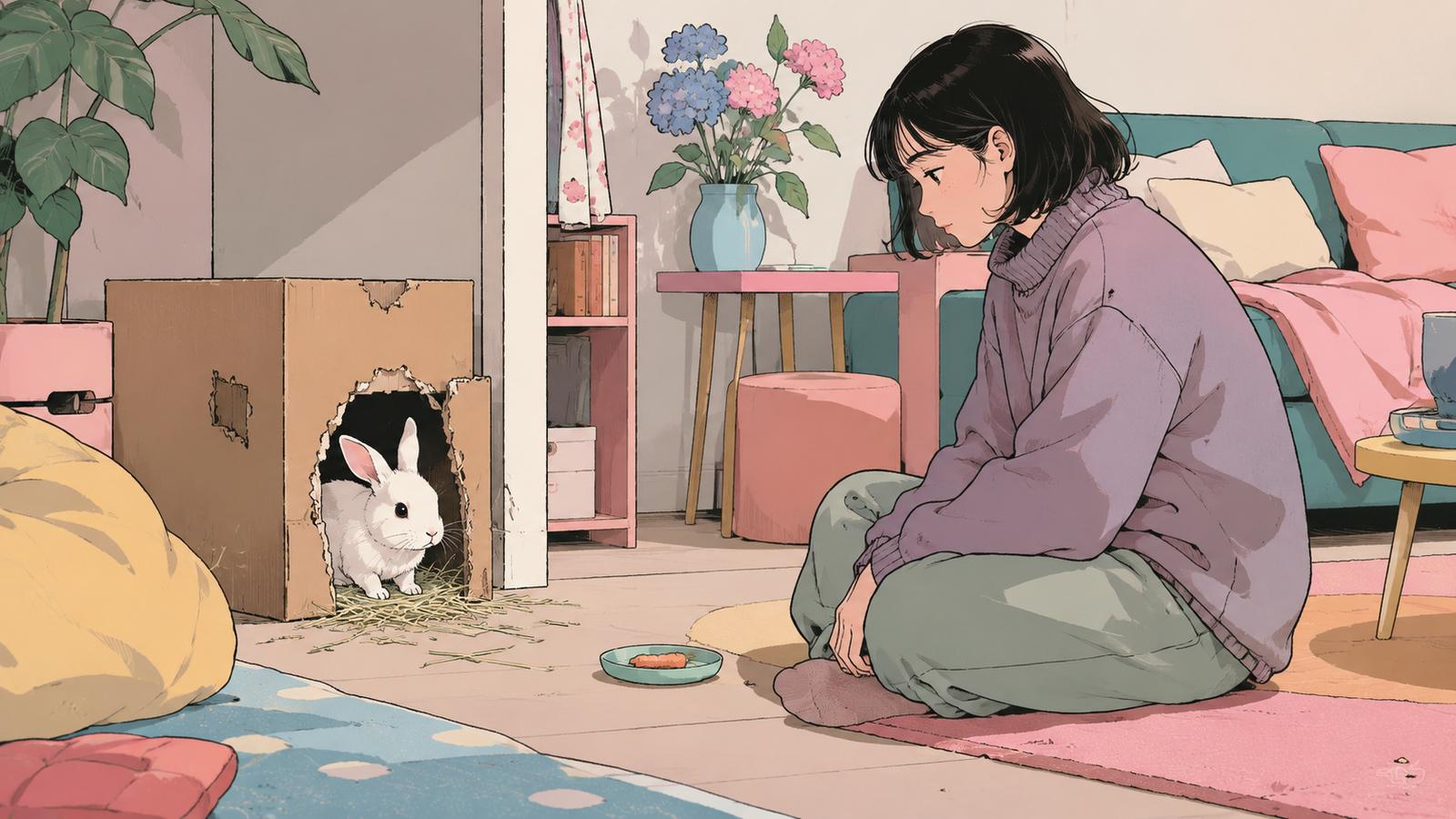 兔子躲進紙箱裡其實在等你慢慢靠近