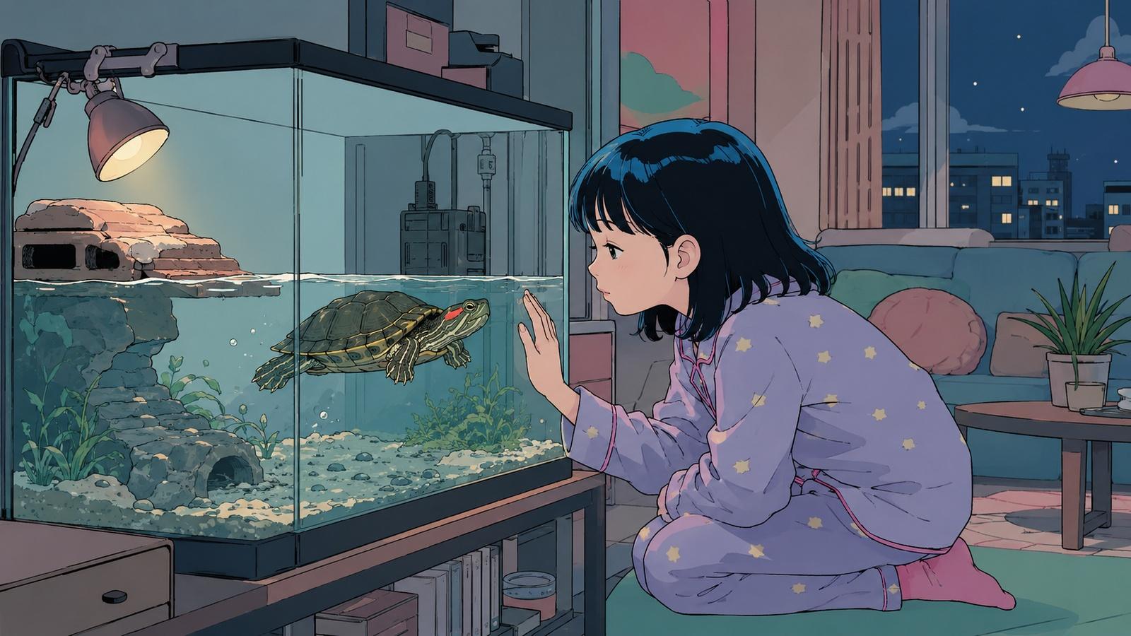 小巴西龜浮在水面每天等那句晚安